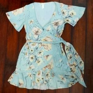 H&M Robins Egg Blue Floral Print Wrap Dress
